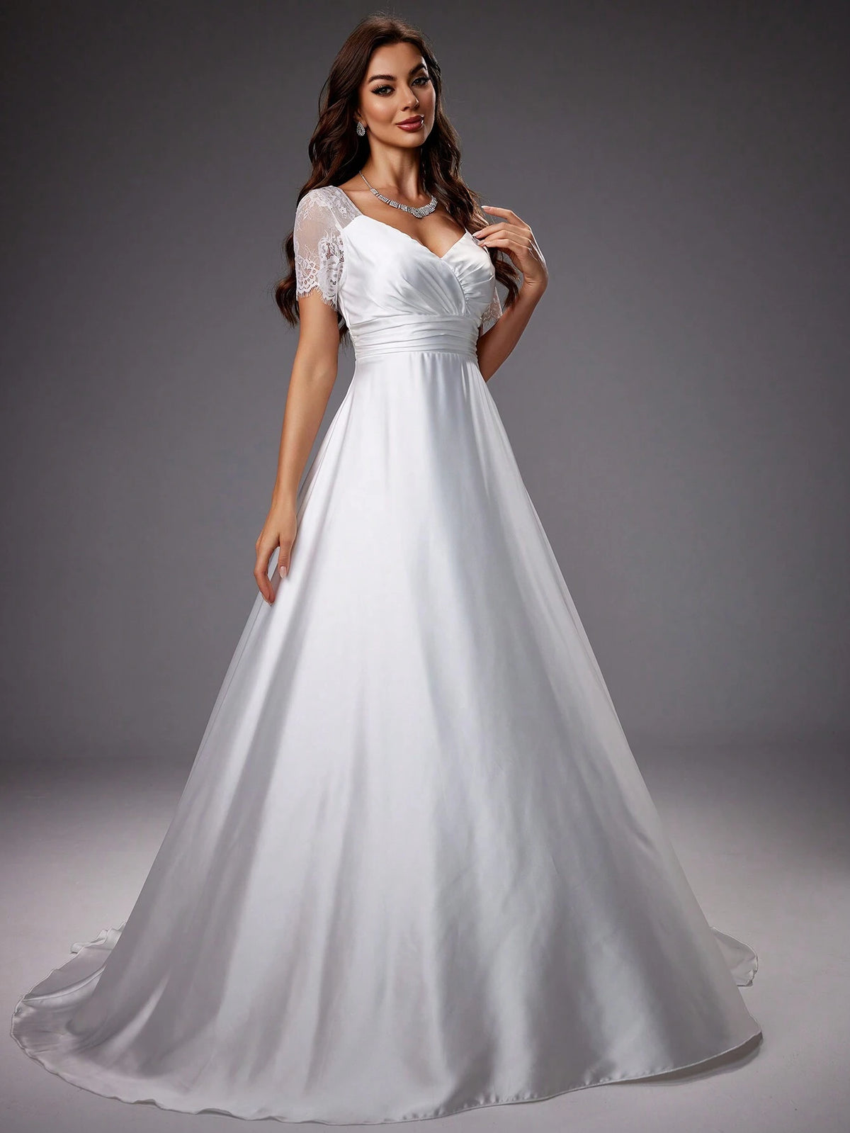 Lace Patchwork Satin Short Sleeve Wedding Dress