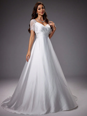 Lace Patchwork Satin Short Sleeve Wedding Dress