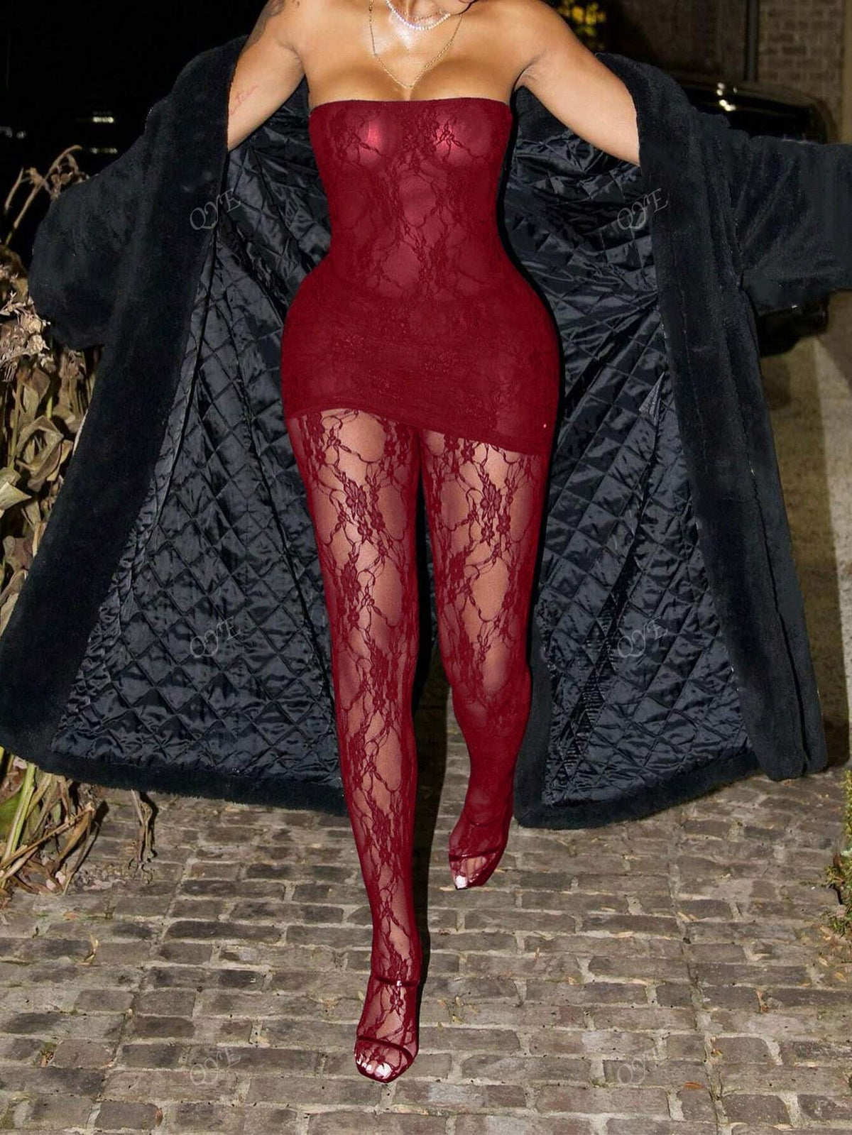 Lace Sheer Bandeau Mini Dress With Form-Fitting Leggings 2-Piece Set, Sexy