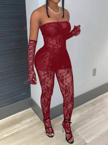 Lace Sheer Bandeau Mini Dress With Form-Fitting Leggings 2-Piece Set, Sexy