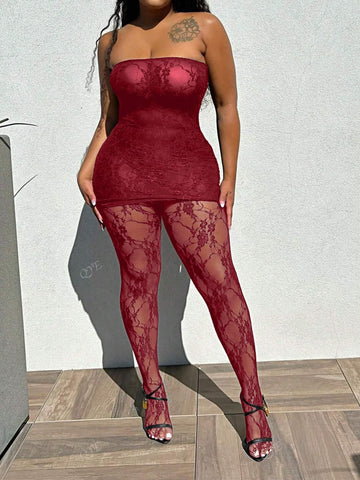 Lace Sheer Bandeau Mini Dress With Form-Fitting Leggings 2-Piece Set, Sexy