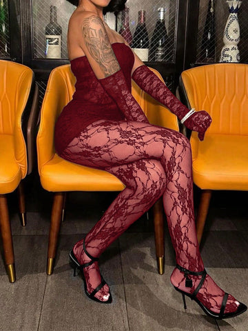 Lace Sheer Bandeau Mini Dress With Form-Fitting Leggings 2-Piece Set, Sexy