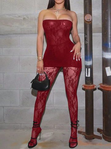 Lace Sheer Bandeau Mini Dress With Form-Fitting Leggings 2-Piece Set, Sexy