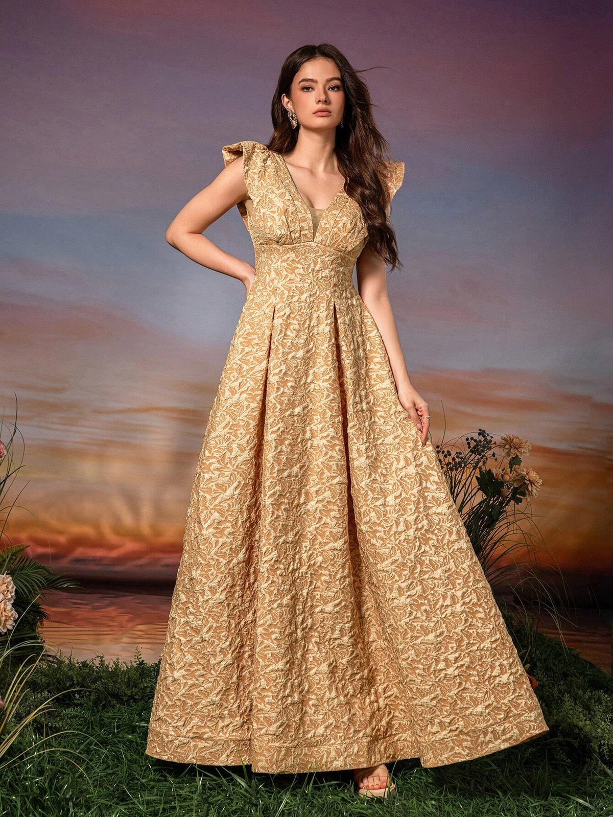 Lace Sleeve 3D Embroidery V-Neck A-Line Formal Evening Dress