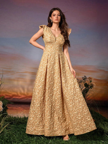 Lace Sleeve 3D Embroidery V-Neck A-Line Formal Evening Dress
