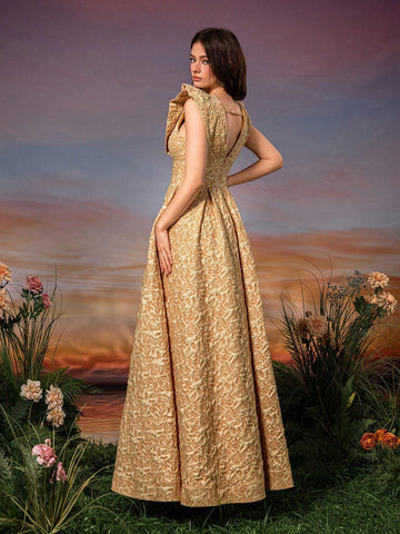 Lace Sleeve 3D Embroidery V-Neck A-Line Formal Evening Dress