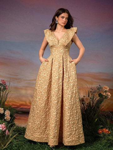 Lace Sleeve 3D Embroidery V-Neck A-Line Formal Evening Dress
