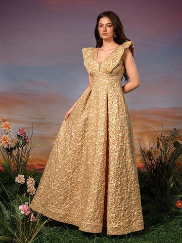 Lace Sleeve 3D Embroidery V-Neck A-Line Formal Evening Dress