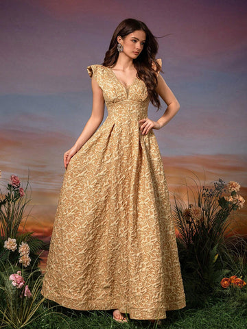 Lace Sleeve 3D Embroidery V-Neck A-Line Formal Evening Dress