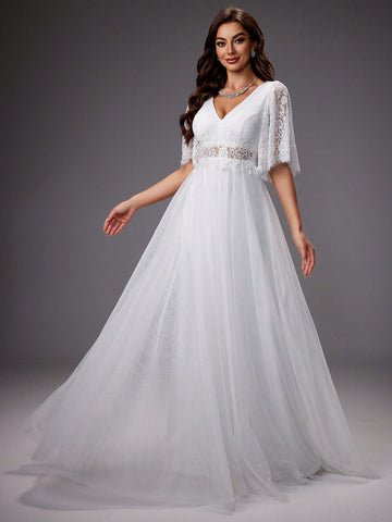 Lace Sleeves & Mesh Tulle Wedding Formal Dress