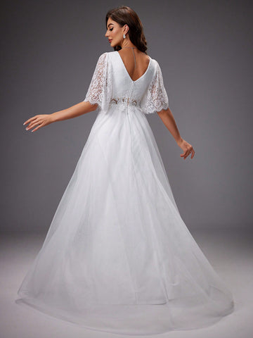 Lace Sleeves & Mesh Tulle Wedding Formal Dress