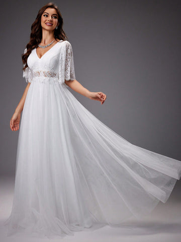 Lace Sleeves & Mesh Tulle Wedding Formal Dress