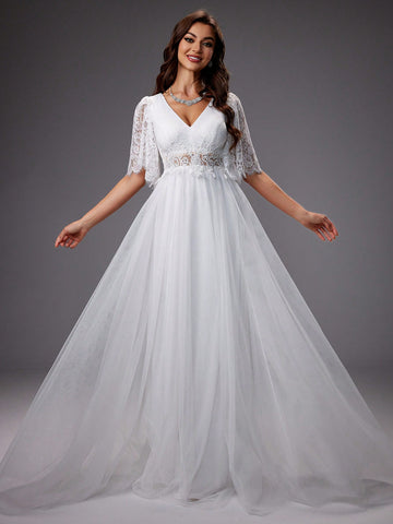 Lace Sleeves & Mesh Tulle Wedding Formal Dress