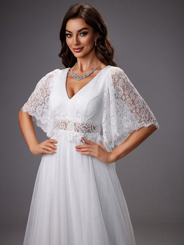 Lace Sleeves & Mesh Tulle Wedding Formal Dress
