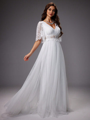 Lace Sleeves & Mesh Tulle Wedding Formal Dress