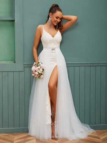 Lace Spaghetti Strap V-Neck Tulle Wedding Dress With Detachable Train And High Waist Long Dress For Bride