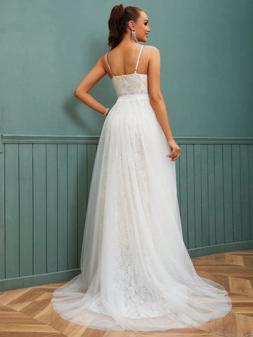 Lace Spaghetti Strap V-Neck Tulle Wedding Dress With Detachable Train And High Waist Long Dress For Bride