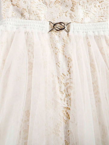 Lace Spaghetti Strap V-Neck Tulle Wedding Dress With Detachable Train And High Waist Long Dress For Bride