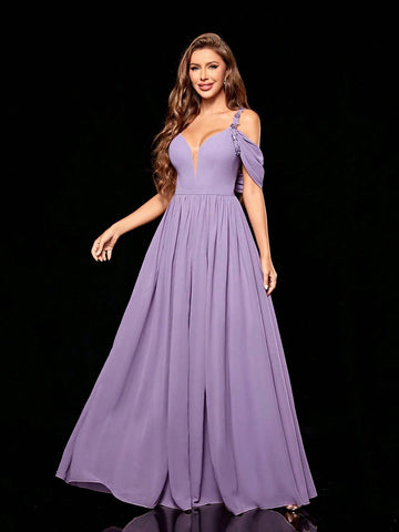 Lace Spaghetti Strap V-neck Flounced Chiffon Bridesmaid Dress