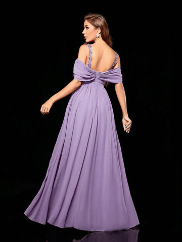 Lace Spaghetti Strap V-neck Flounced Chiffon Bridesmaid Dress