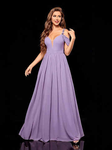 Lace Spaghetti Strap V-neck Flounced Chiffon Bridesmaid Dress