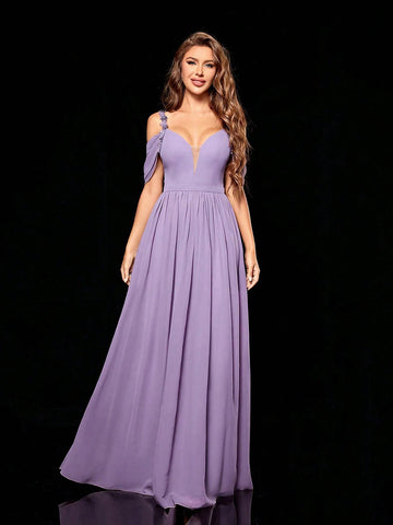 Lace Spaghetti Strap V-neck Flounced Chiffon Bridesmaid Dress