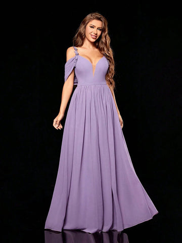 Lace Spaghetti Strap V-neck Flounced Chiffon Bridesmaid Dress