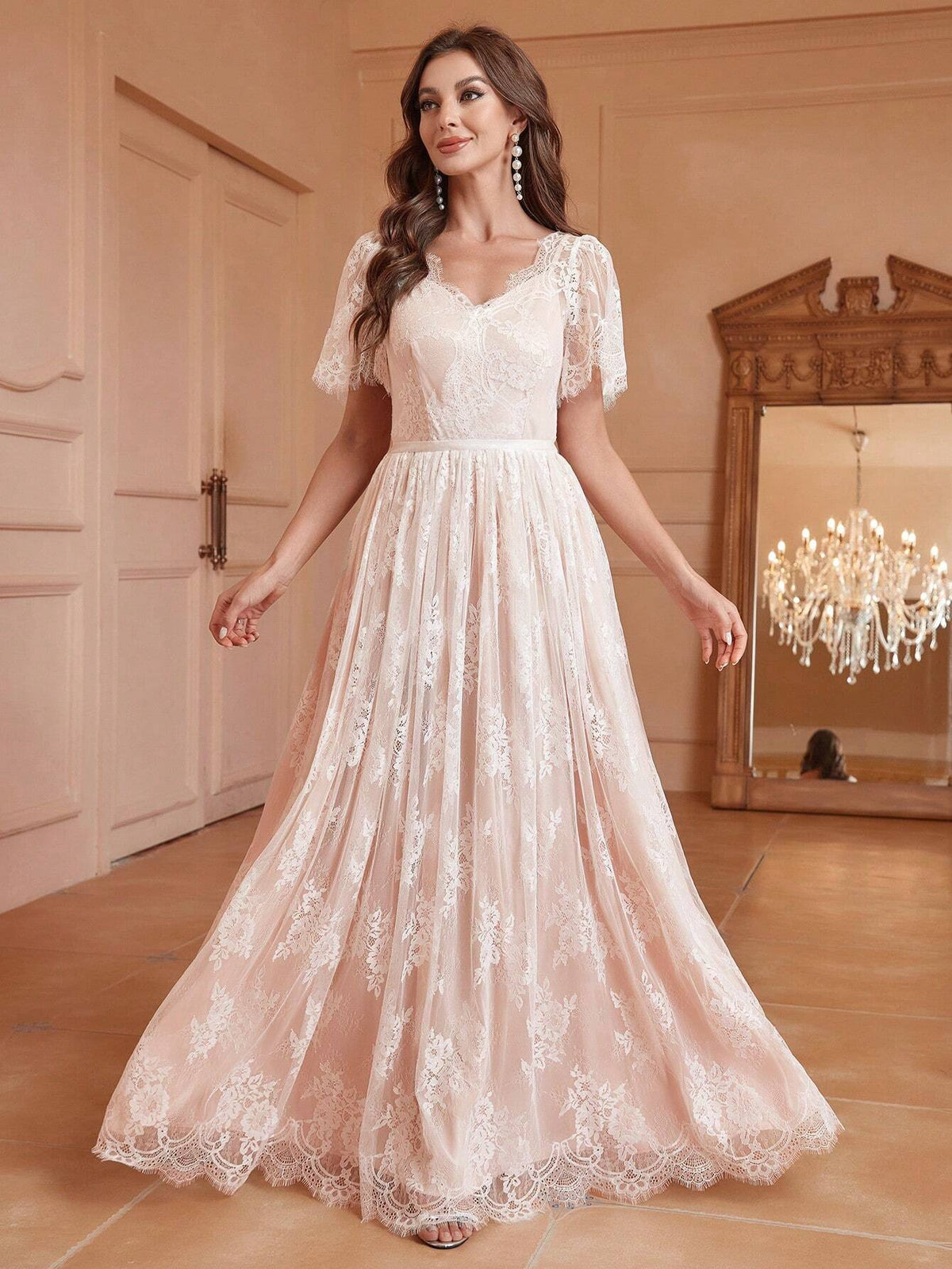 Lace Splice Elegant Short Sleeve V-Neck Top, Perfect To Match With Wedding Gown