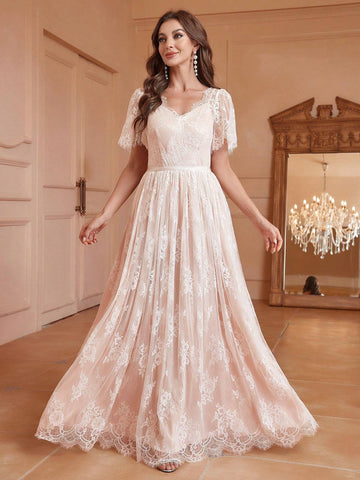 Lace Splice Elegant Short Sleeve V-Neck Top, Perfect To Match With Wedding Gown