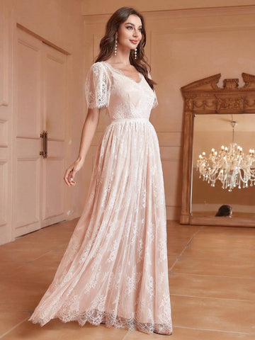 Lace Splice Elegant Short Sleeve V-Neck Top, Perfect To Match With Wedding Gown