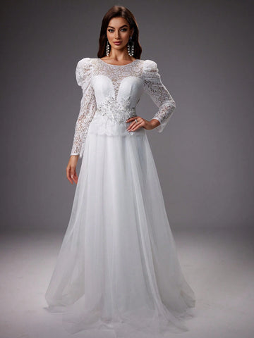 Lace Splice Mesh Formal Evening Party Dress