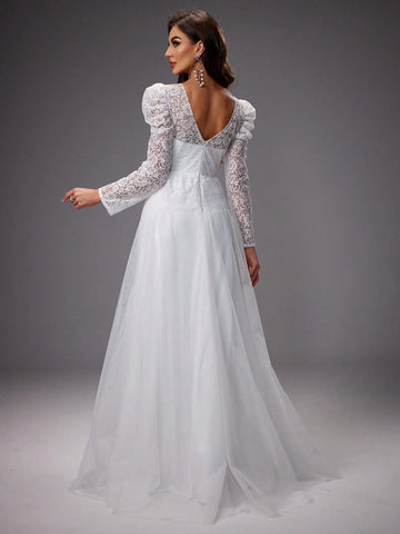 Lace Splice Mesh Formal Evening Party Dress