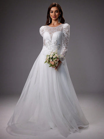 Lace Splice Mesh Formal Evening Party Dress