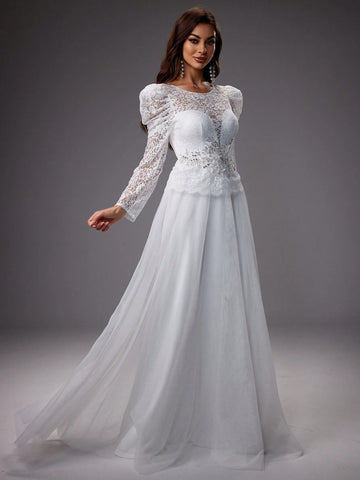 Lace Splice Mesh Formal Evening Party Dress