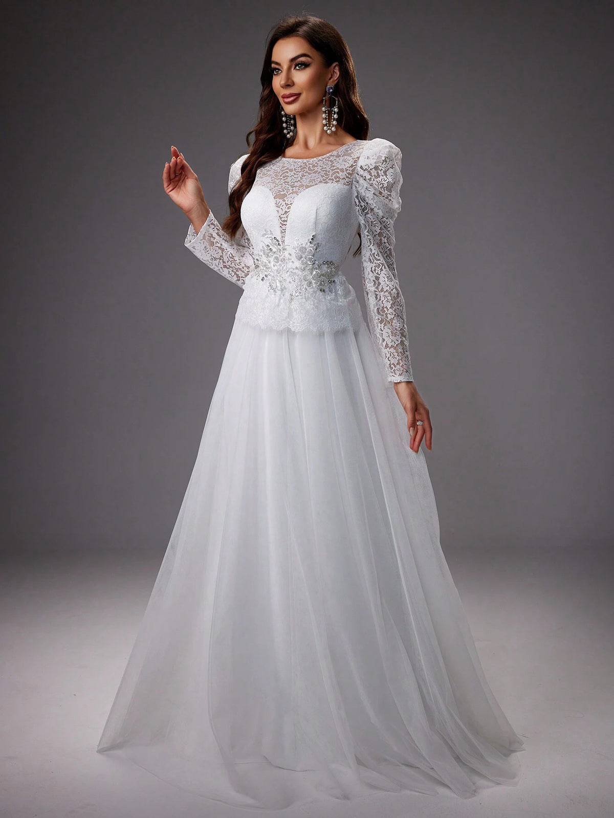 Lace Splice Mesh Formal Evening Party Dress