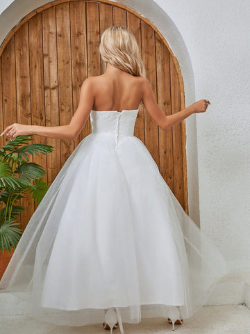 Lace Splicing Mesh Strapless Wedding Dress