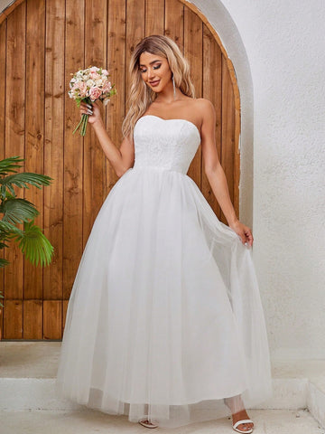Lace Splicing Mesh Strapless Wedding Dress