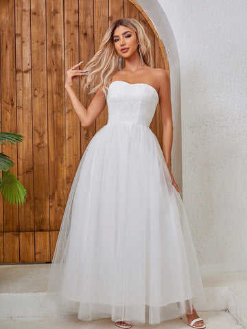 Lace Splicing Mesh Strapless Wedding Dress