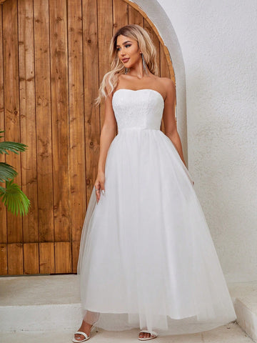 Lace Splicing Mesh Strapless Wedding Dress