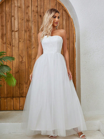 Lace Splicing Mesh Strapless Wedding Dress