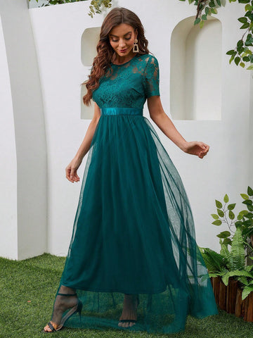 Lace Splicing Short Sleeve Round Neck Pure Color Long Mesh Bridesmaid Dress With Waistband