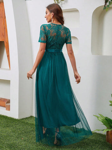 Lace Splicing Short Sleeve Round Neck Pure Color Long Mesh Bridesmaid Dress With Waistband