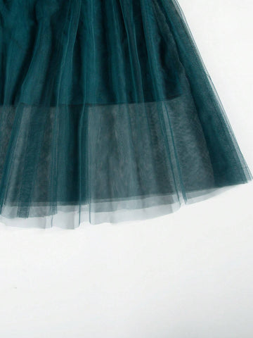 Lace Splicing Short Sleeve Round Neck Pure Color Long Mesh Bridesmaid Dress With Waistband