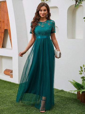 Lace Splicing Short Sleeve Round Neck Pure Color Long Mesh Bridesmaid Dress With Waistband