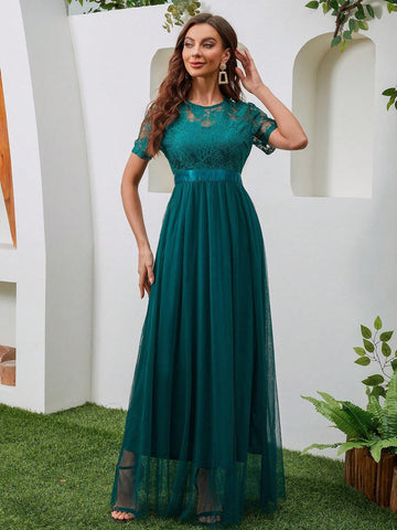 Lace Splicing Short Sleeve Round Neck Pure Color Long Mesh Bridesmaid Dress With Waistband