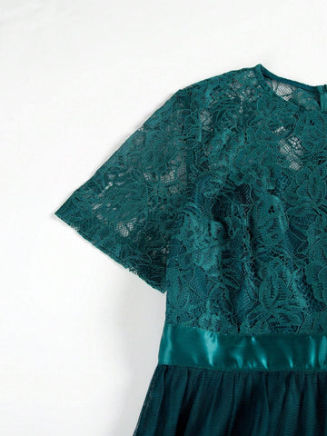 Lace Splicing Short Sleeve Round Neck Pure Color Long Mesh Bridesmaid Dress With Waistband