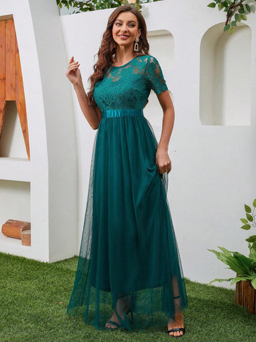 Lace Splicing Short Sleeve Round Neck Pure Color Long Mesh Bridesmaid Dress With Waistband