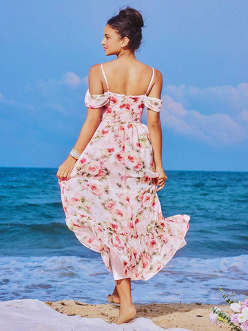 Lace Strap Sleeveless Rose Print Chiffon Swing Dress