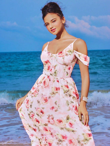 Lace Strap Sleeveless Rose Print Chiffon Swing Dress