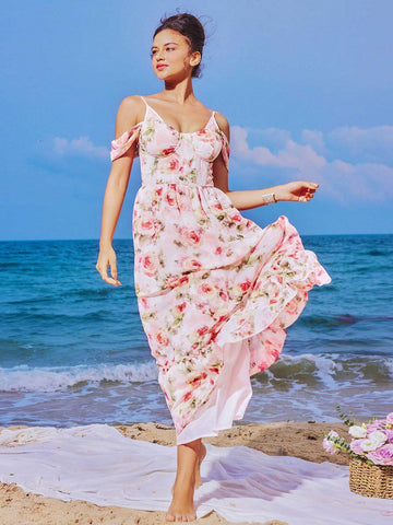 Lace Strap Sleeveless Rose Print Chiffon Swing Dress